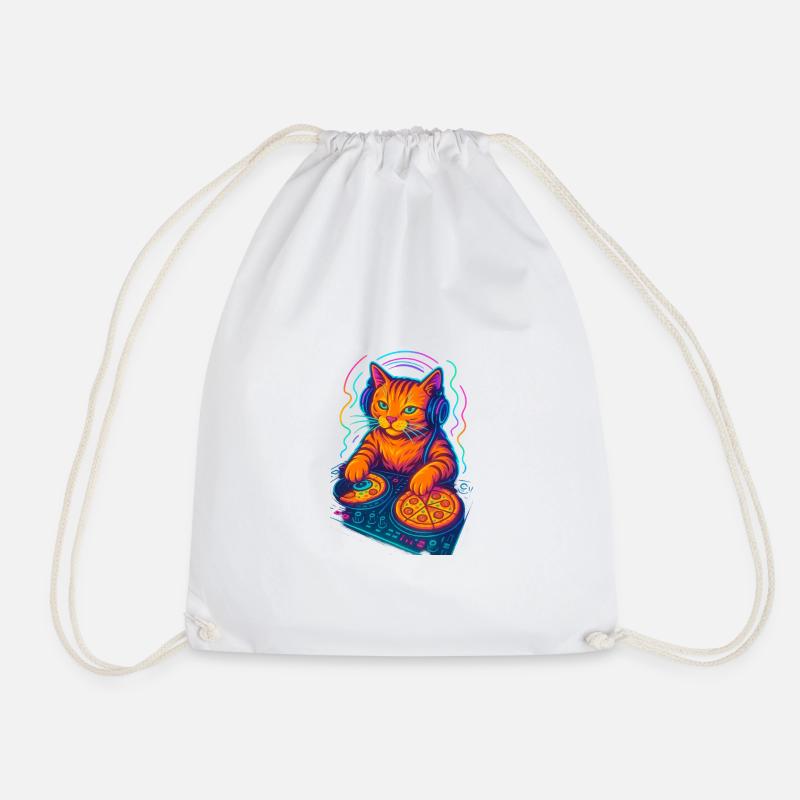 Neon DJ Cat Design - Drawstring Bag - white