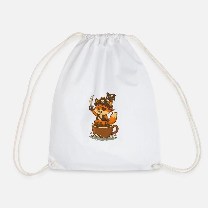 Fox Pirate with Eye Patch and Treasure Flag - Drawstring Bag - white