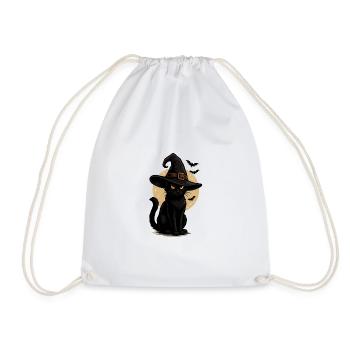 Black Cat in Witch Hat Moonlit Night - Drawstring Bag - white - Front