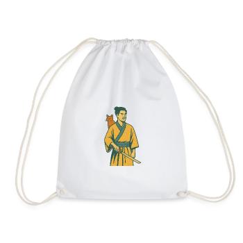 Samurai with Cat - Drawstring Bag - white - Front