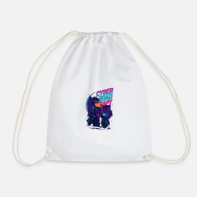 Cyber Road Capy – Futuristic Capybara Rider - Drawstring Bag - white