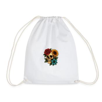 Skull & Bloom Fusion Art – Bold Floral Skeleton De - Drawstring Bag - white - Front