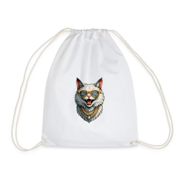 Happy Lady Cat - Sunglasses &amp; Gold Chains - Drawstring Bag - white - Front