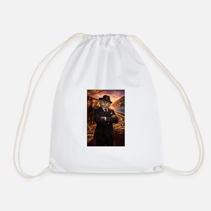 Cat on yacht - Drawstring Bag - white