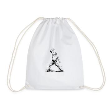 Strongman lifts heavy kettlebell above his head - Drawstring Bag - white - Front