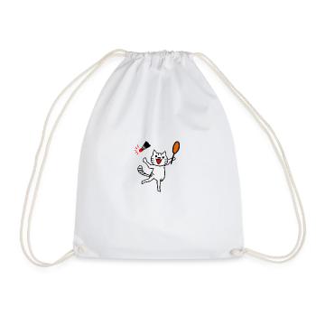 An excited cat plays badminton - Drawstring Bag - white - Front