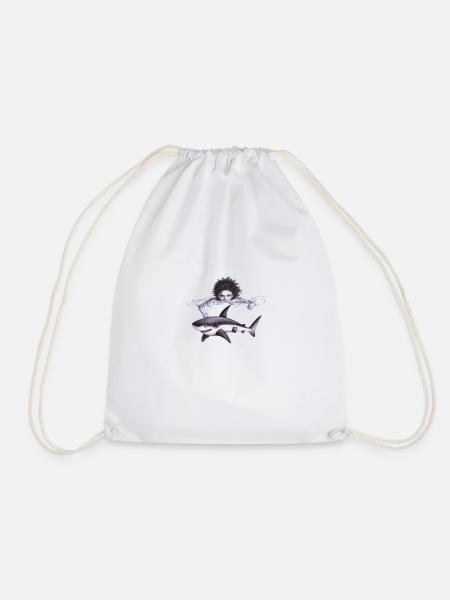 boy chasing a shark in the water - Drawstring Bag - white