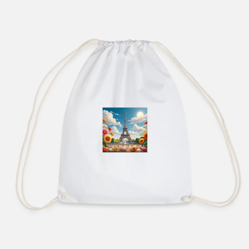 Paris Eiffel Tower surrounded by colorful flowers - Drawstring Bag - white