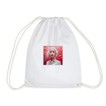 Beautiful Japanese girl on red background with fish - Drawstring Bag - white - Front