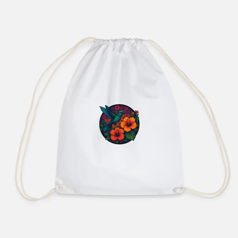 Tropic Bloom – Hummingbird & Hibiscus Magic - Drawstring Bag - white