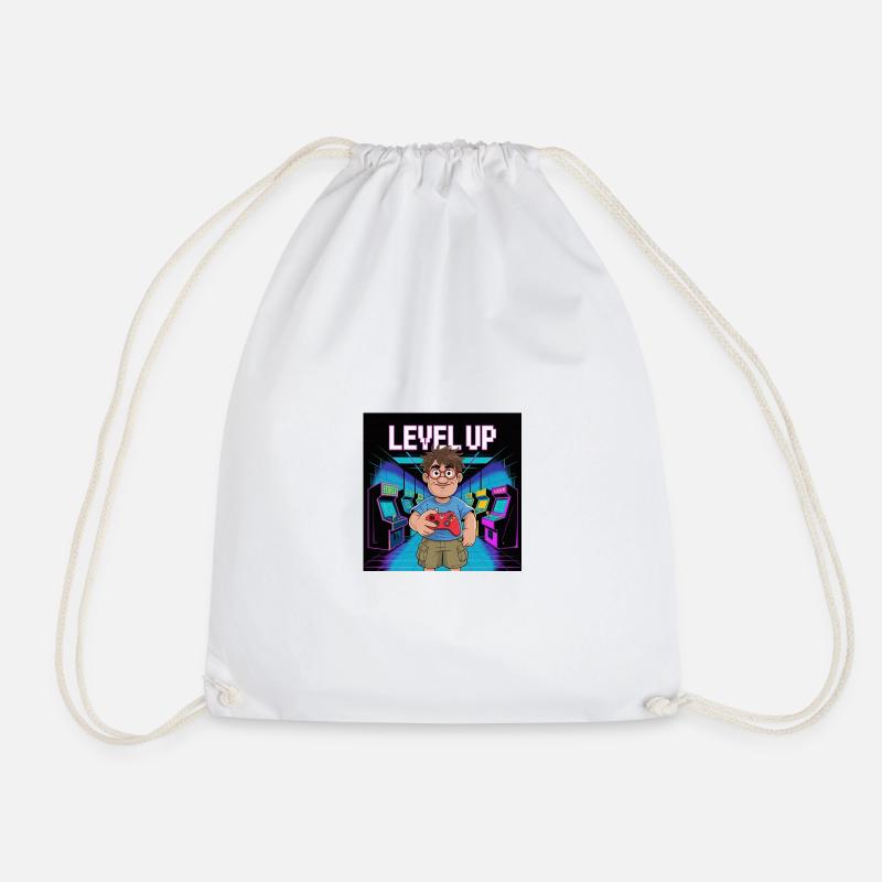 Retro Gamer Level Up Illustration - Drawstring Bag - white