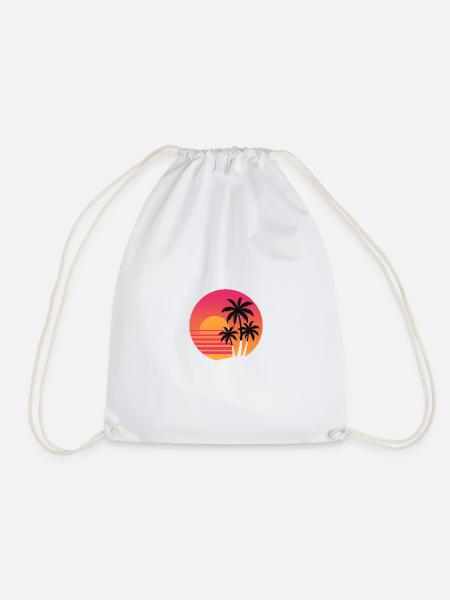 Retro Sunset Palm Trees | 80s Beach Vibes - Drawstring Bag - white