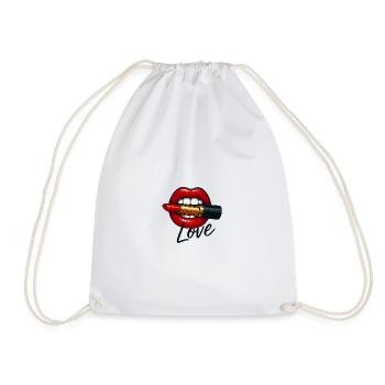 Kiss Lips with Lipstick and Love Font - Drawstring Bag - white - Front