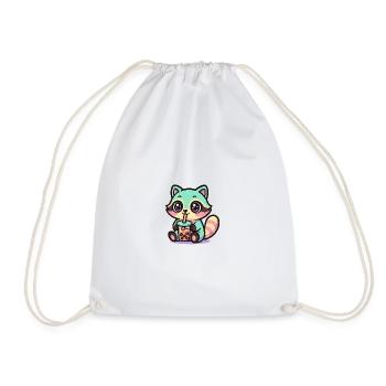 Kawaii Raccoon Drinking Boba Tea - Drawstring Bag - white - Front