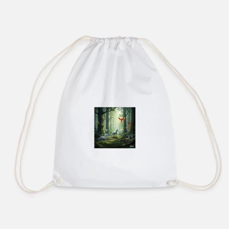 Fairytale Forest Unicorn Phoenix Scene - Drawstring Bag - white