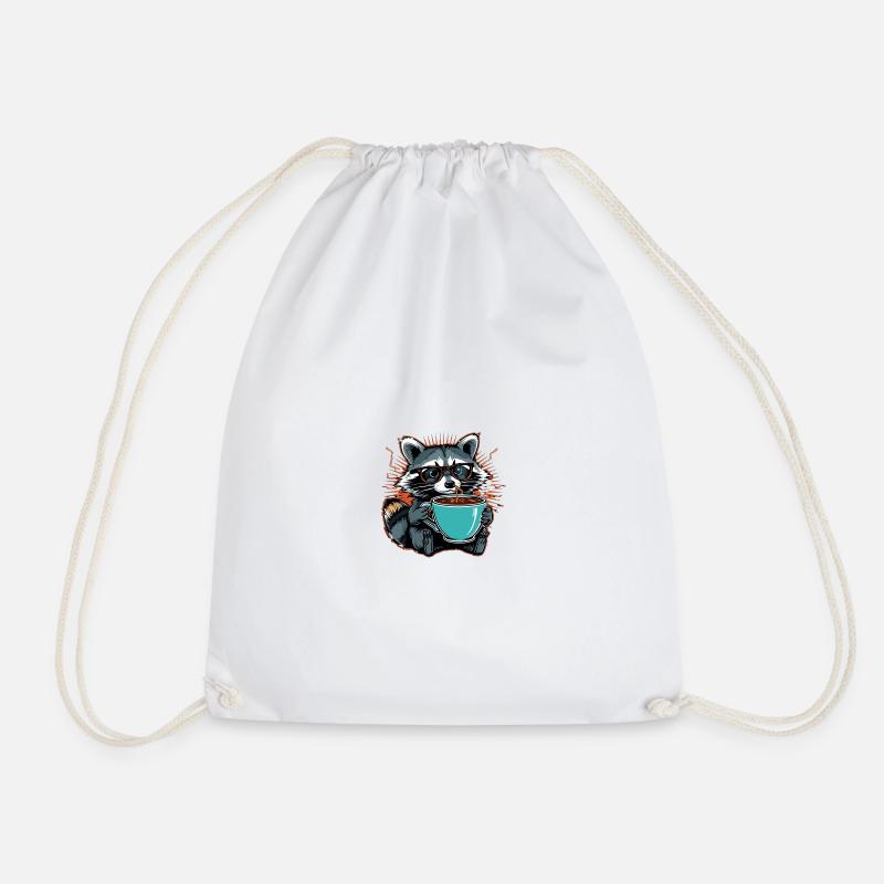Overwhelmed raccoon with coffee - Drawstring Bag - white