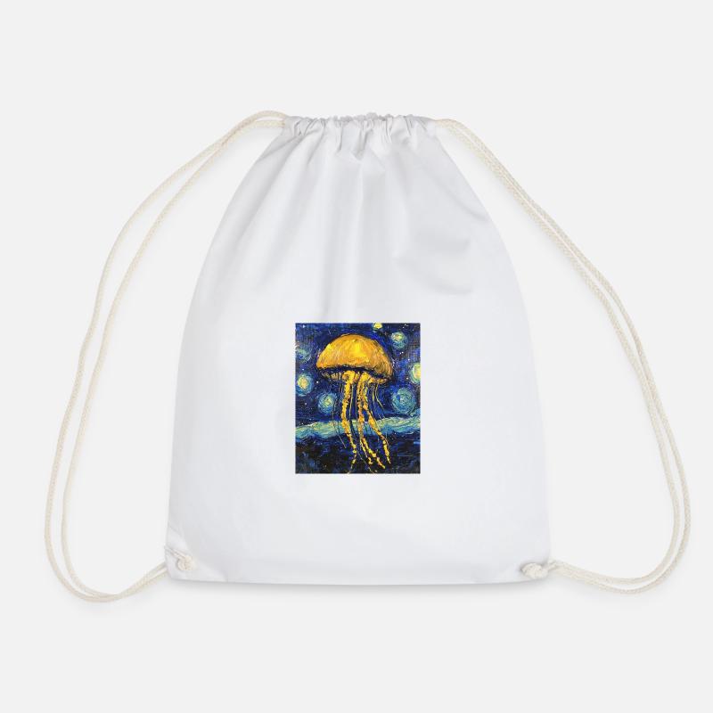 Jellyfish Van Gogh Style Starry Night - Drawstring Bag - white