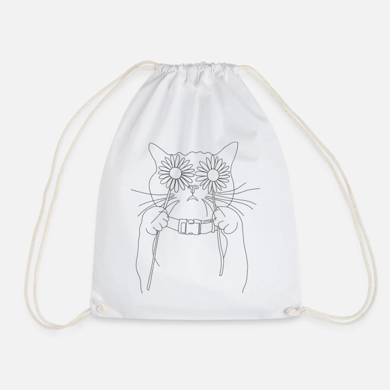 Cat with Daisies - Drawstring Bag - white