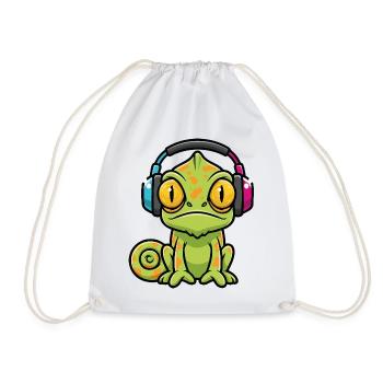 Baby Chameleon Headphones Cartoon Music - Drawstring Bag - white - Front