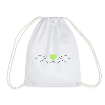 Cat whiskers, green and black, with heart - Drawstring Bag - white - Front