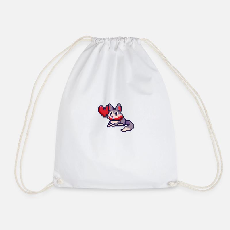 Pixelart Cat with Heart - Drawstring Bag - white