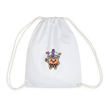 Cute Kawaii Boba Bubble Tea Character - Drawstring Bag - white - Front