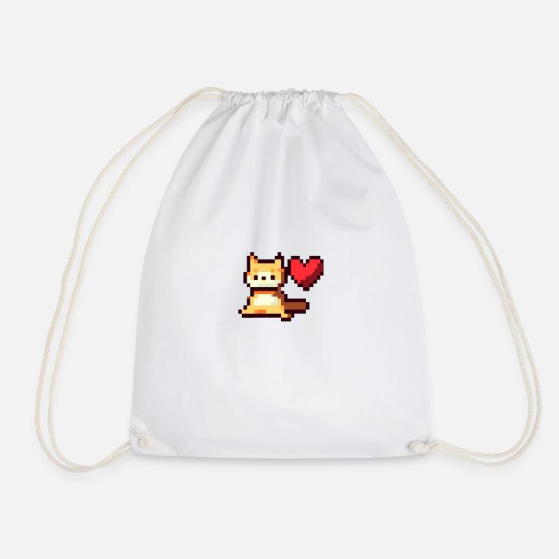 Pixelart, Cat with Heart - Drawstring Bag - white