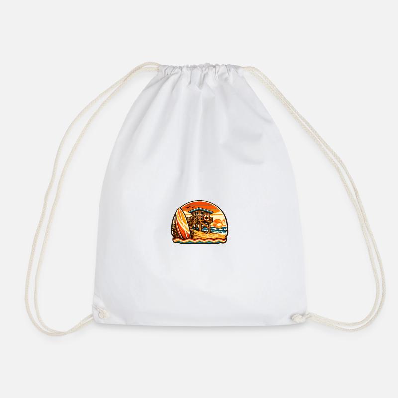 Beach Lifeguard Sunset Surfboard - Drawstring Bag - white