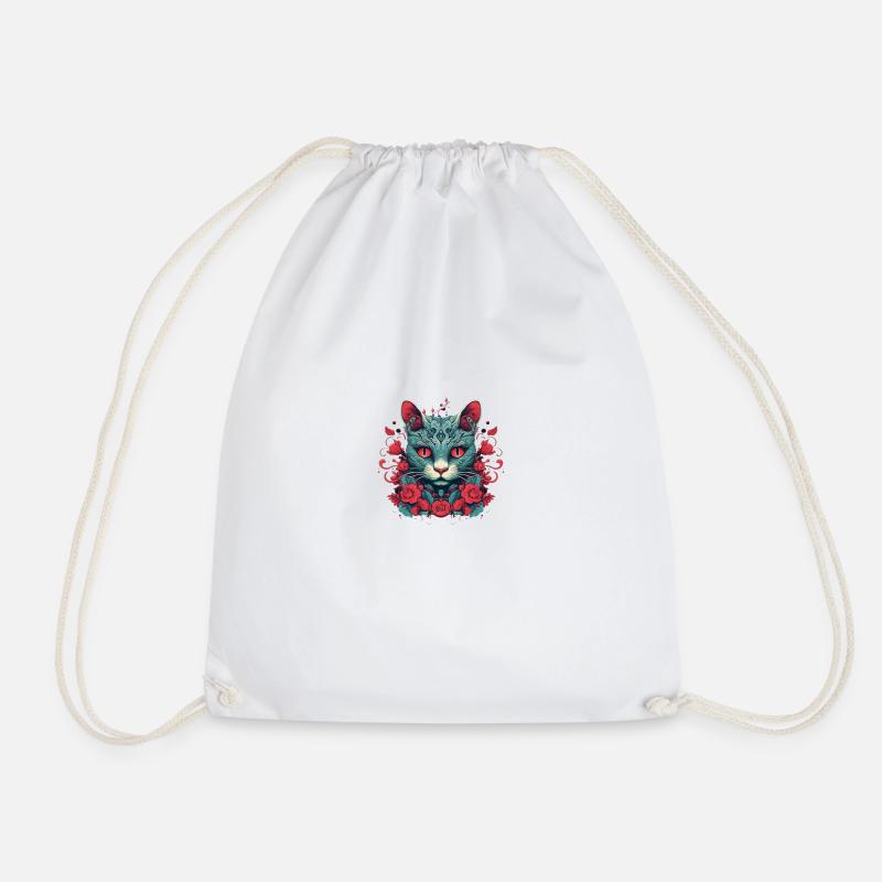Cat surrounded by red rose - Drawstring Bag - white