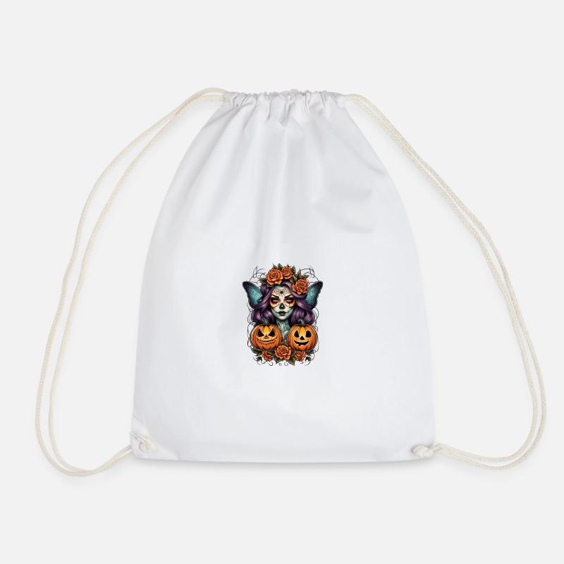 Halloween Witch Portrait with Pumpkins - Drawstring Bag - white
