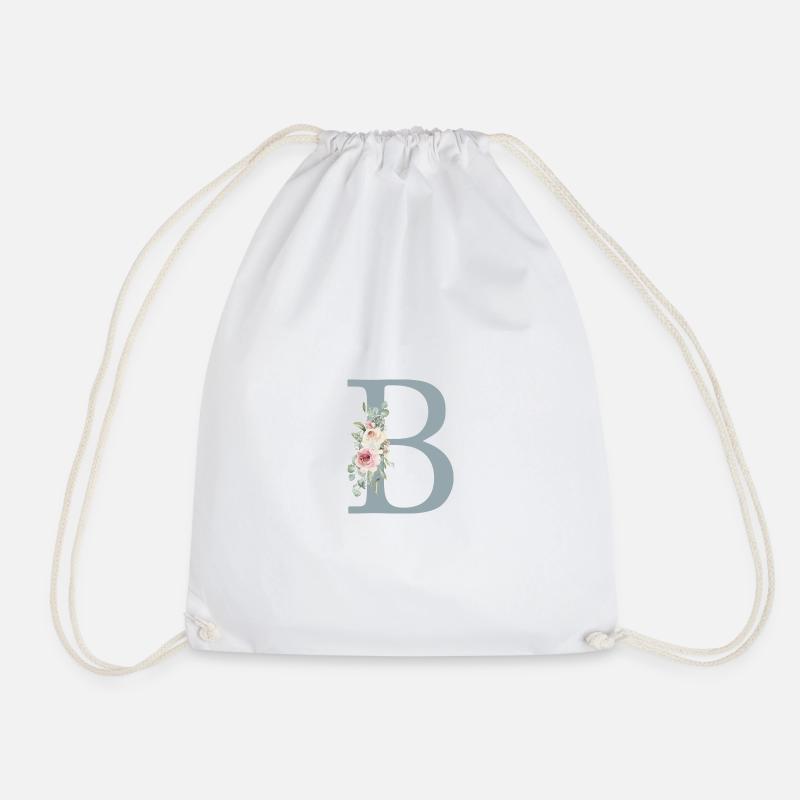 B| Monogramm | Eukalyptus-Pastell-Blumen-Blau - Turnbeutel - Weiß