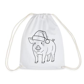Pig with Santa Hat Illustration - Drawstring Bag - white - Front