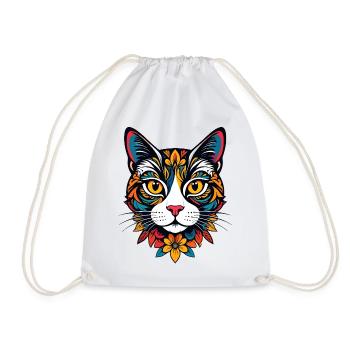 Bunter Katzenkopf mit floralem Muster Katze Motiv - Turnbeutel - Weiß - Vorne