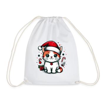 CAT CAT PET GIFT CHRISTMAS GREEN - Drawstring Bag - white - Front