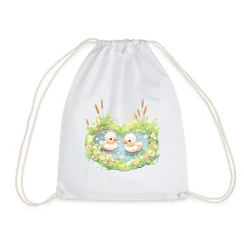 Heart Shaped Pond With Kawaii Ducks Surrounded - Drawstring Bag - white - Front