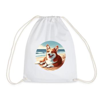Welsh Corgi on the Beach Drawing - Drawstring Bag - white - Front