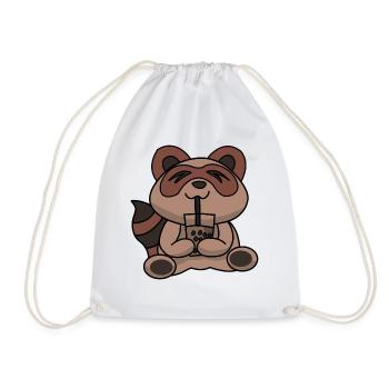 Bubble Tea Drinking Raccoon Anime Kawaii - Drawstring Bag - white - Front