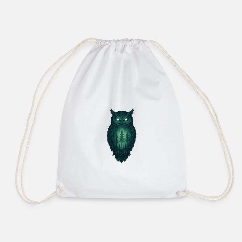 Owl in the Forest at Night - Drawstring Bag - white