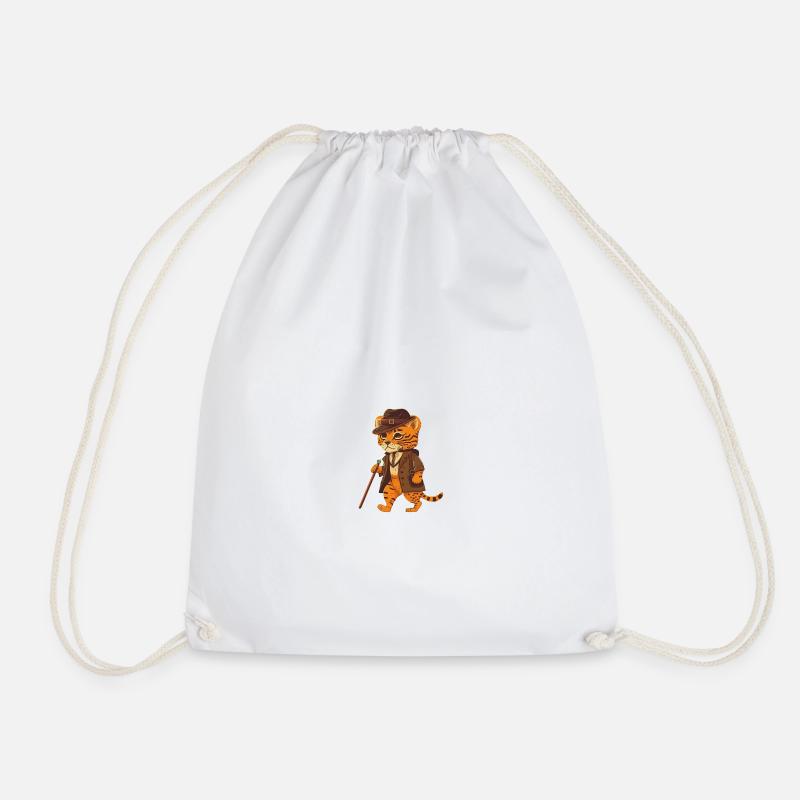 Tiger with hat and walking stick - Drawstring Bag - white