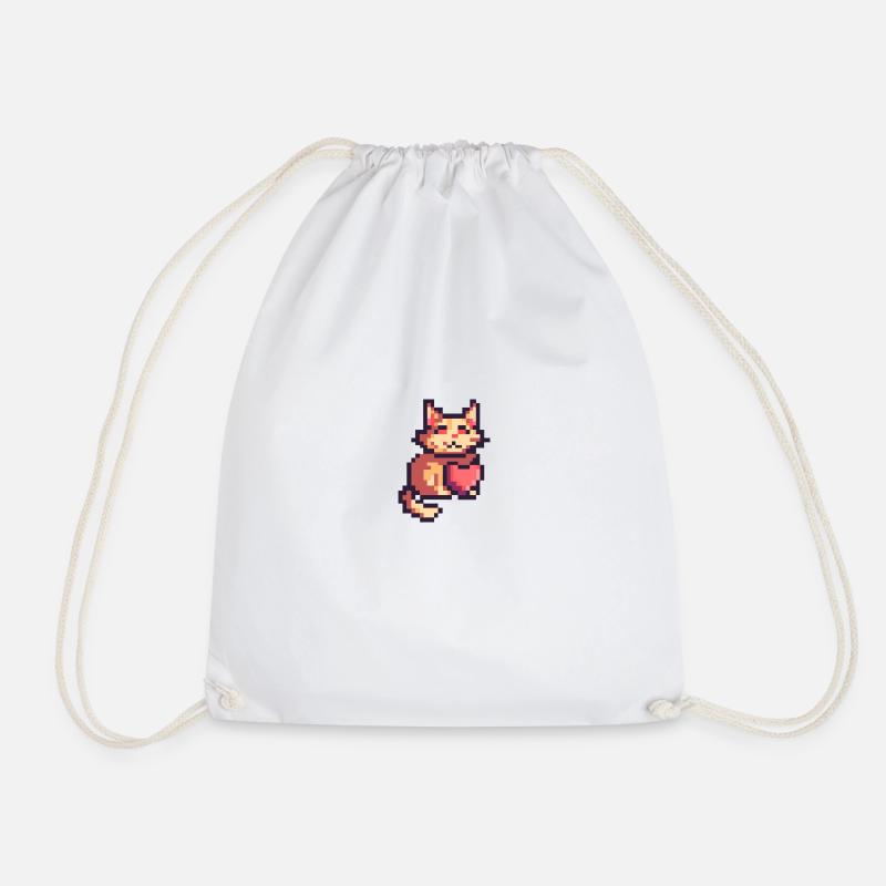 Pixelart, Cat with Heart - Drawstring Bag - white