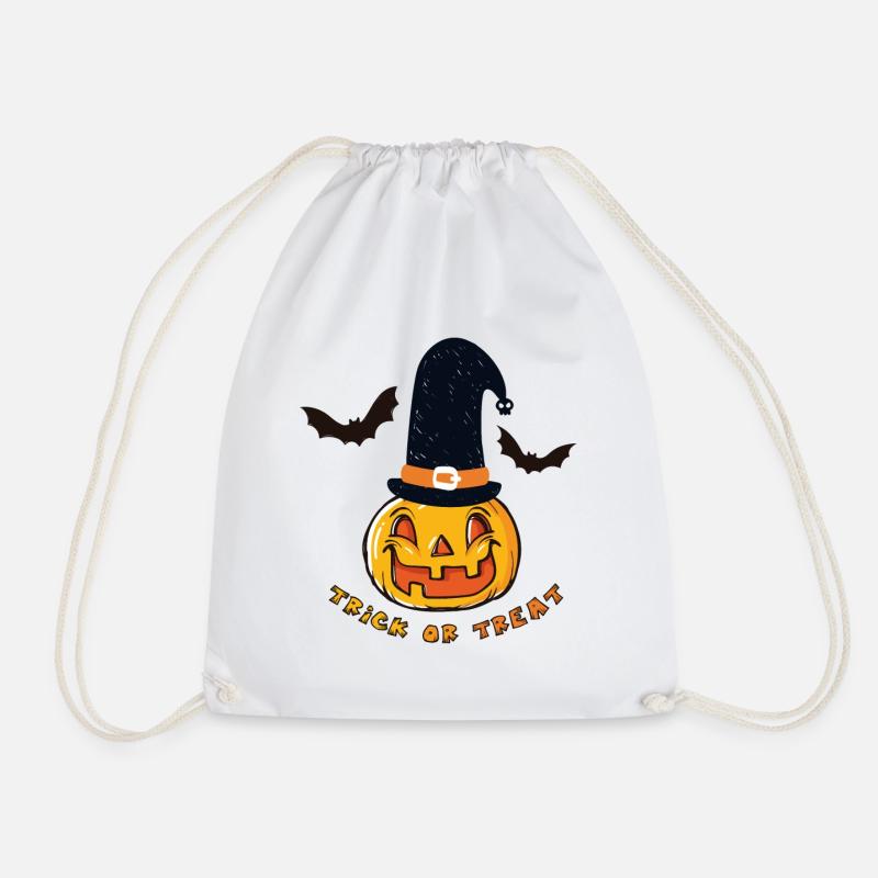 Bat, Halloween Pumpkin, Witch, Trick or Treat - Drawstring Bag - white
