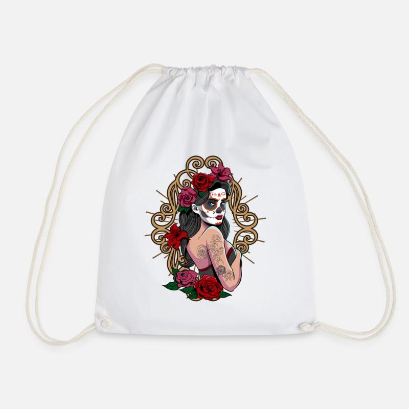 Zuckerschädel-Mädchen-T - Shirt La Calavera Catrina - Turnbeutel - Weiß