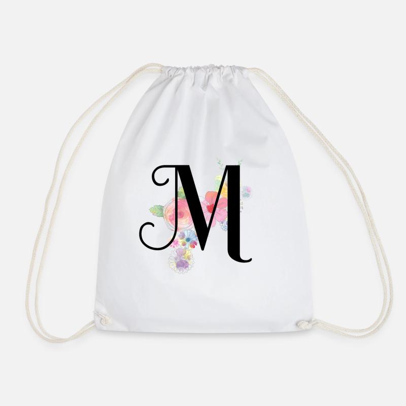 Monogramm Buchstabe M mit Pastellblüten - Turnbeutel - Weiß