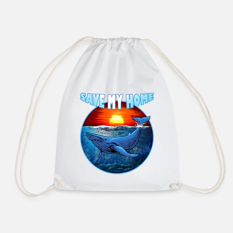 Save my Home - blue whale - whale - sea - ocean - Drawstring Bag - white