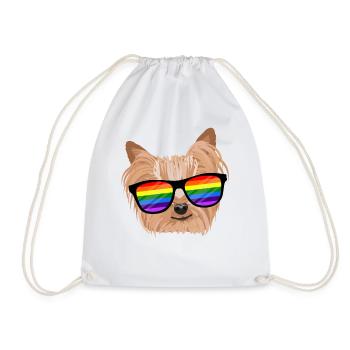 LGBTQ Yorkie Dog Rainbow Glasses Gift - Drawstring Bag - white - Front