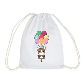 Cat flies upwards with colorful balloons - Drawstring Bag - white - Front