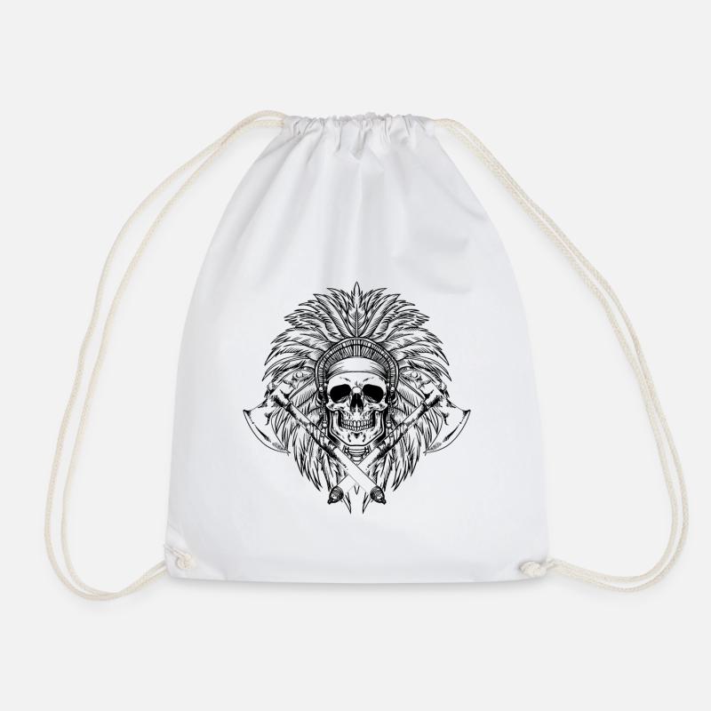 Native American Skull Axe Indigenous - Drawstring Bag - white