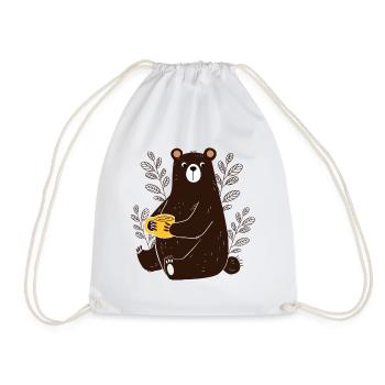 Cute Funny Bear with Tea Coffee Cup Cartoon - Drawstring Bag - white - Front