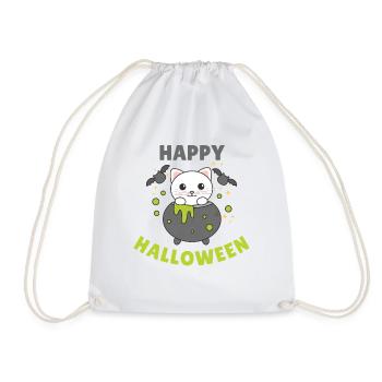 Cat Happy Halloween Cauldron Bat - Drawstring Bag - white - Front