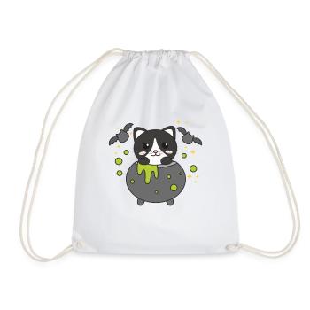 Cat Happy Halloween Cauldron Bat - Drawstring Bag - white - Front